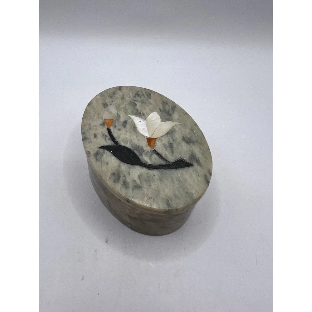 Italian Alabaster Jewelry Trinket Box Inlay Mother of Pearl Flowers Vtg 3